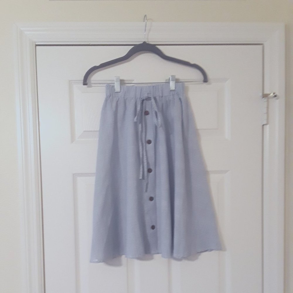 High Waist Blue and White Striped Button Front Knee Length Flare Skirt